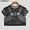 Men's T-Shirts INCERUN Men T Shirt O-neck Hollow Out Short Sleeve Mesh See Through Sexy Crop Tops Men Streetwear Skinny Camisetas S-5XL 230920