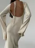 Robes décontractées de base Femmes Sexy Solide Coton Maxi Robe Élégante OCol Dos Nu À Lacets Manches Evasées Taille Haute Mode Soirée 230920