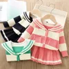 Clothing Sets Girls Sweater Set AutumnWinter Western Korean Stripe Academy Style Childrens Knitted Princess TopPleated Skirt 230919