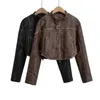 Jaquetas femininas Mulheres Manga Longa Moto Bike Pu Faux Leather Maillard Brown Cropped Jacket