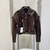 Women's Leather Women Coat Spring And Autumn 2023 Short Length Genuine Jacket With Belt Vintage To Do Old Craft Sleeve Removable