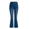 Women's Jeans Women's High Solid Pants Color Women Two Pocket Denim Waist Slim Button Elastic