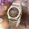 Hollow Skeleton Dial Automático Fecha Hombres Relojes Moda de lujo para hombre Banda de acero completa Movimiento de cuarzo Reloj Oro rosa Plata Ocio Reloj de pulsera Regalos