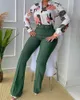Plus size Dresses European and American casual suit printed standing collar long sleeved shirt top wide leg pants twopiece set hjts 230919