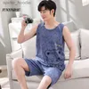 Women's Sleep Lounge Summer Cartoon Cat Knitted Cotton Couple Pajama Sets Women's Sleepwear Sleeveless Short Pants Male Pajamas Fashion Home Clothing L230920