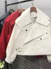 Damen Leder Kmetram Frühling Frauen Faux Jacke Biker Rot Weiß Mantel Turndown Kragen PU Motorrad Jacken Lose Streetwear Oberbekleidung