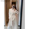 Women's Wool Blends 2023 Women's New Autumn Winter High End Liten pärlor Spliced ​​White Mid Length Korean Edition Midjeband Style Woolen Coat L230920