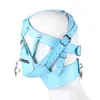 Accessori per costumi 2023 New Blue PU Leather Scava Fuori Bondage Testa Cappuccio Cerniera Maschere per il viso Cosplay Party Maschera per la testa sexy per uomo con serratura