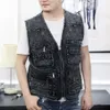 Men's Vests Denim Vest Jacket Dark Blue Black Sleeveless Truck Driver Cyclist Multipocket Zipper 230919