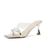 Pantoufles dames strass argent or cristal clair Pvc talons fins fête de mariage grâce femmes chaussures d'été 7 cm Mules