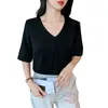 Женские блузки, женские топы и блузки с v-образным вырезом, черная рубашка с короткими рукавами, женская одежда, простые женские шифоновые повседневные рубашки, пуловеры