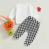 Conjuntos de roupas 0628 Lioraitiin 024M Bebê Menino Menina 2 Pcs Fall Outfit Set Letras Ghost Print Moletom com Xadrez Sweatpants Halloween 230919