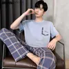 Women's Sleep Lounge New Summer Cotton Men Pajamas Plus Size 4XL Elegant Nightwear Short Sleeve Plaid Pants Sleepwear Pijamas Set for Young Man L230920