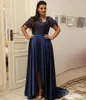 Vestidos de noite vestido de festa de baile aplique novo personalizado plus size zíper rendas até uma linha o-pescoço cetim com mangas curtas frisado azul marinho escuro