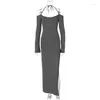 Basic Casual Jurken Herfst Lange Mouwen Ruglooze Maxi Voor Dames Y Halter Hals Split Elegante Avondjurk Club Party 2023 Drop Delivery Dhvqh