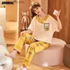 Women's Sleep Lounge 4xl 5xl Summer Pijamas Set for Women Strip Loungewear Kort ärm Långa byxor Lady Pyjamas Cartoon Sleepwear Girl Cotton Pijamas L230920