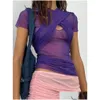 Koszulka damska T koszule siatka patrz przez koszulę Kobiety krzyżowe Pasek Cross Slim Crop Top Estetyczne ubrania Purple Solid Streetwear Dhpnu