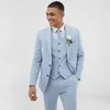 Light Blue Wedding Men Suits Slim Fit Linen Tuxedos Groom Wear Terno 3 PiecesJacket Pants Vest Bridegroom Blazer Costume Homme M267j