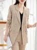 Womens Suits Blazers Circyy Office Wear Mulheres Outono Twopiece Khaki Pant Double Breasted Manga Longa Blazer Cintura Alta Bolsos Calças 230920