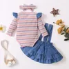 Ensembles de vêtements 3pcs bébé fille jupe robe ensemble infantile enfants rayé barboteuse à volants denim jarretelles jupes vêtements nés 230919