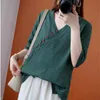 Этническая одежда, женская хлопково-льняная рубашка в стиле ретро, повседневная блузка в китайском стиле, женская элегантная зеленая свободная нерегулярная рубашка Ципао, дзен-чай, R2691