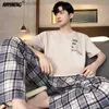 Women's Sleep Lounge New Summer Cotton Men Pajamas Plus Size 4XL Elegant Nightwear Short Sleeve Plaid Pants Sleepwear Pijamas Set for Young Man L230920