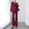 Dames tweedelige broek elegante zakelijke set bordeaux slim fit dubbele rij knopen bruiloft bruid moeder formeel feest gala avondjurk (jas