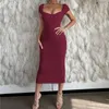 Casual Dresses Solide Lace Up Sexy Korsett Kleid Frauen Robe Kurzarm Ein Wort Kragen Bodycon Midi 2023 Sommer Streetwear Vestidos