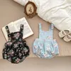 Kleidung Sets Herbst Baby Mädchen 2PCS Kleidung Set Baumwolle Langarm Rüschen Kragen Tops Floral Hosenträger Strampler Anzug Kleinkind Outfit 230919