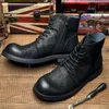 Boots British Style Retro Leisure Chunky Bottom Sewing Cross-tied Full Grain Leather Men Ankle High Top Motorcycle 2308