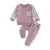 Kledingsets Baby Meisjes Jongens Herfstoutfits Schaakbordprint Patchwork Lange mouw Sweatshirts met ronde hals Broek 2-delige kledingset