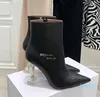 Amina Muaddi Giorgia Clear Ankle Boots Cubic Heel 뾰족한 발가락 zip 가죽 아웃솔 부츠 여성 고급 디자이너 신발 크기 35-42