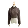 Jaquetas femininas Mulheres Manga Longa Moto Bike Pu Faux Leather Maillard Brown Cropped Jacket