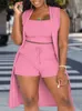 Plus size Dresses Size Casual Outfits Three Piece Set Women's Solid Ribbed Round Neck Tank Top Drawstring Shorts Split Hem Cardigan 230919