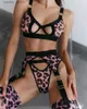 Sexy Set Ellolace Leopard Lingerie With Stocking Cut Out Bra Sensual Brief Sets 4-Piece See Through Lace Fancy Underwear Garter Intimate L230920