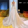 Arabic Aso Ebi Satin Mermaid Evening Dress Long Sleeves Sweetheart Ruched Overskirts Beaded Court Train Prom Dress Vestidos De Nov248I