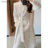 Women's Wool Blends 2023 Women's New Autumn Winter High End Liten pärlor Spliced ​​White Mid Length Korean Edition Midjeband Style Woolen Coat L230920