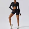 Active Sets 3-teiliges Yoga-Shorts-Set für Damen, hoch taillierte Hosen, Sport-BH, Jacke, Fitnessanzug, stoßfeste, eng anliegende Kleidung