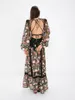 Basic Casual Dresses Women Summer Long Beach Dress Long Sleeve V Neck Backless Seethrough Floral Bikini Cover Up 230920