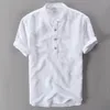 Stand Collar Men's Short Sleeve Linen Cotton Shirt With Botton White Green Blue Summer Casual Shirts Men New225R