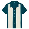 Män västerländsk skjorta Kort ärm Cotton Rockabilly Bowling Casual Shirts Lake Blue296s