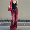 Kadınlar kot erkek arkadaşı tarzı sokak kıyafeti bol kadın kot pantolonlar yüksek bel y2k vintage yıkanmış sıkıntılı geniş bacak paspas kırmızı pantolon