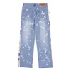 High Street Trendy Brand Side Panel Embroidered Ribbon Splash Ink Hole Straight Casual Jeans