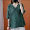 Этническая одежда, женская хлопково-льняная рубашка в стиле ретро, повседневная блузка в китайском стиле, женская элегантная зеленая свободная нерегулярная рубашка Ципао, дзен-чай, R2691