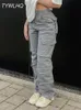 Spodnie damskie Capris Vintage Cargo Spodnie w lupgy dżinsy mody mody 90S Streetwear Pockets szeroka noga wysoka talia prosta dżins