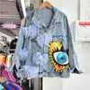 Women' Blends 2023 Spring Heavy Embroidery Sequins Cartoon Design Stitching Mesh Crop Coat Women Loose Casual Single Breasted Denim Jacket 230920