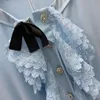 2023 Autumn Blue Solid Color Ruffle spetsband broschklänning långärmad rund nacke veckade midi casual klänningar b3s201409
