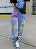 女性のジーンズヴィンテージグラフィックプリントリッピングボーイフレンドの女性用バギーパンツY2Kストリートウェアロングデニムズボン2023