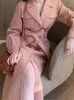 Women S Jackets Ucxq Vintage Pink Plaid Slim Tweed Coat Autumn Winter 2023 Women Mid Length Office Lady Long Jacket Notched Lapelmm01