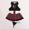 BHs Sets 2023 Sexy Dessous Britischen Stil Weste Spitze Plaid Rock Krawatte Offenen BH Thongs SM Cosplay Schule Mädchen Erotische set